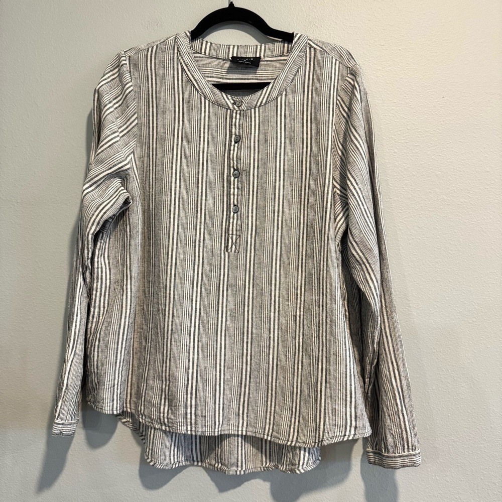 B.L.E.U Linen Blouse Long Sleeve Striped Lagenlook Boho Beach Linen Blend XL
